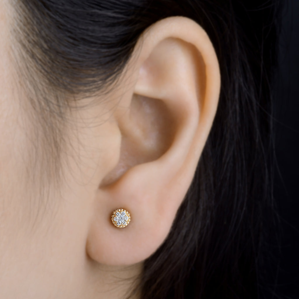 Round Cut Natural Diamond Cluster Flower Tiny Gold Stud Earrings