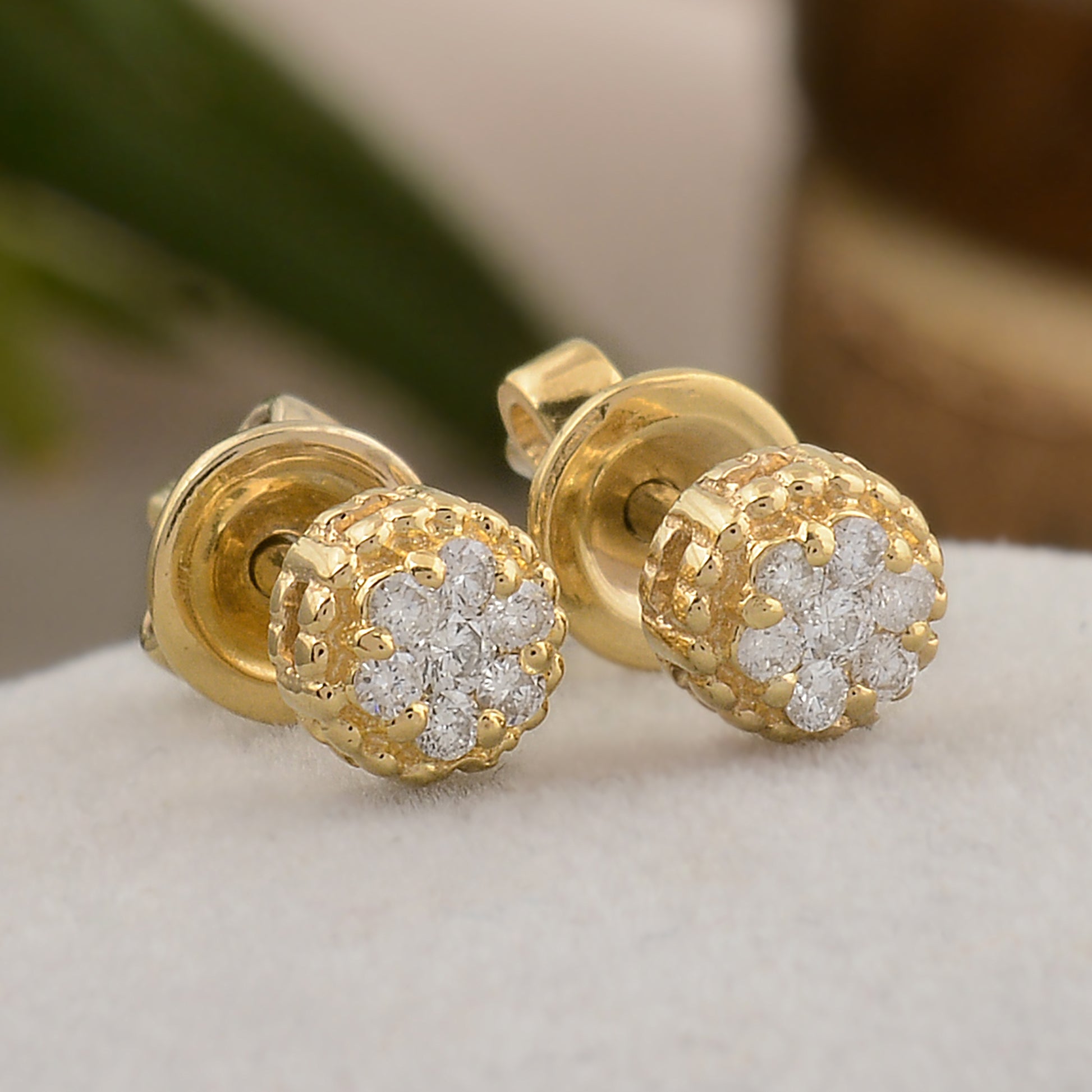 0.13 Ct. Round Cut Diamond Cluster Flower Tiny Gold Stud Earrings