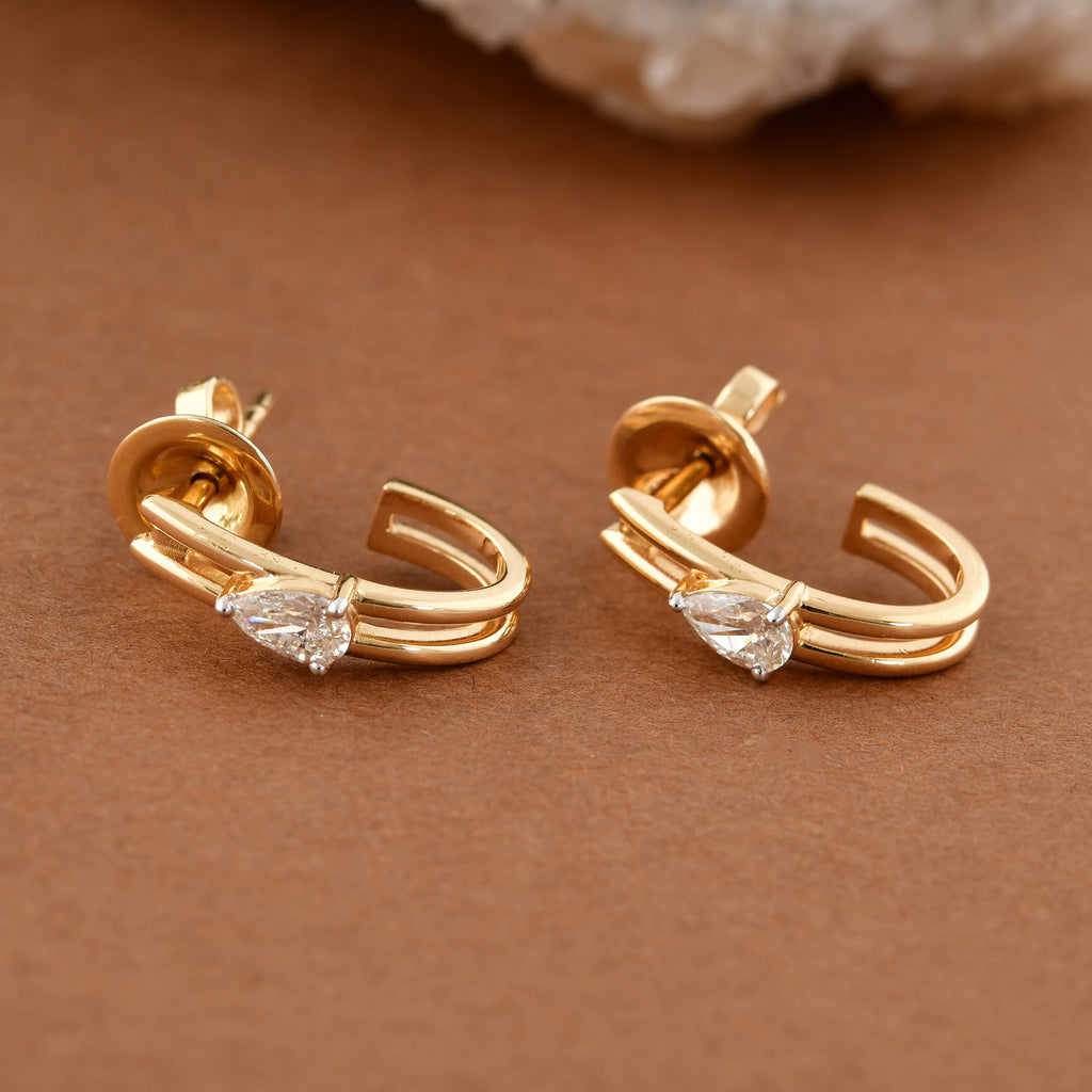 Pear Cut Natural Diamond C-Huggies Hoop Earrings In Solid Gold