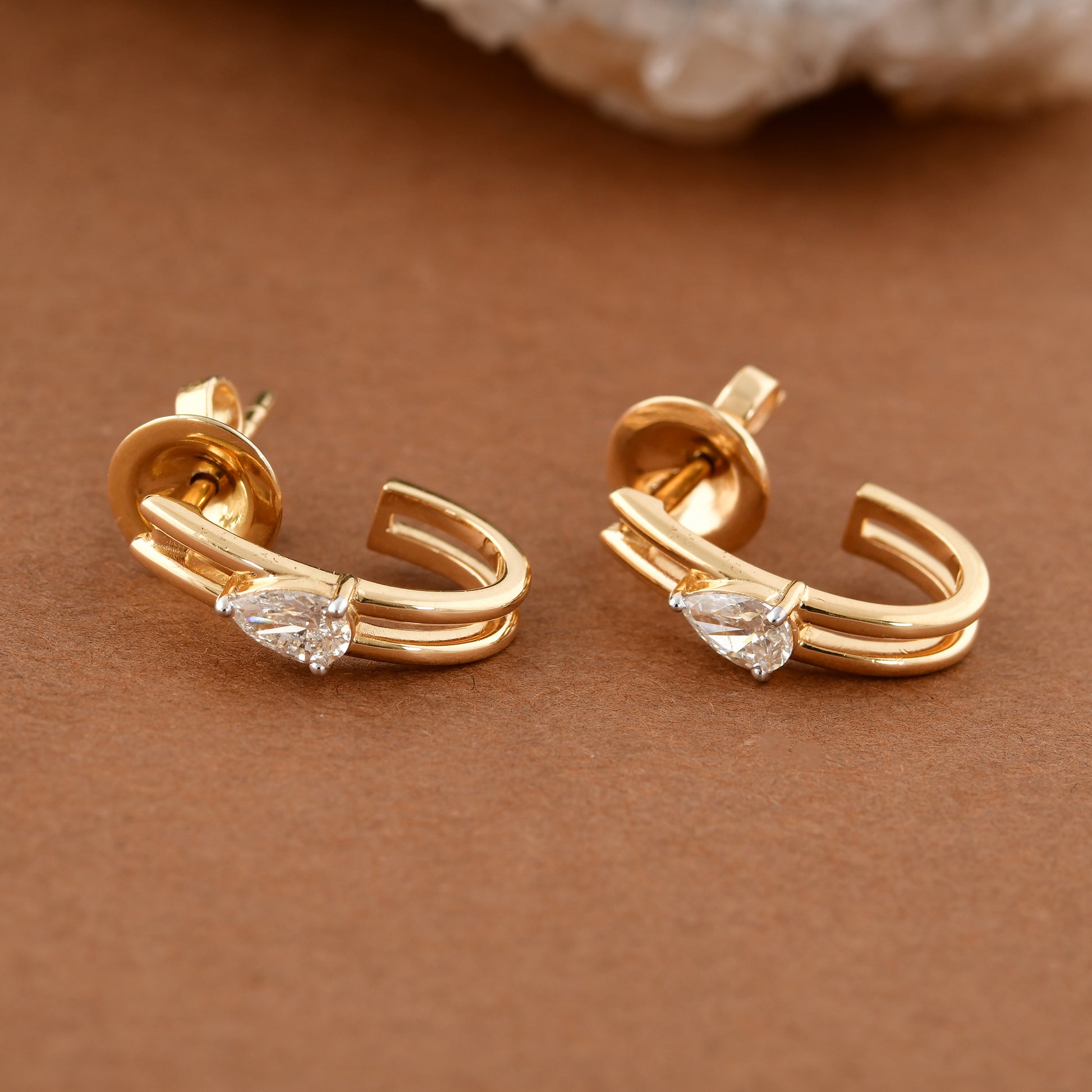 Pear Cut Natural Diamond C-Huggies Hoop Earrings In Solid Gold