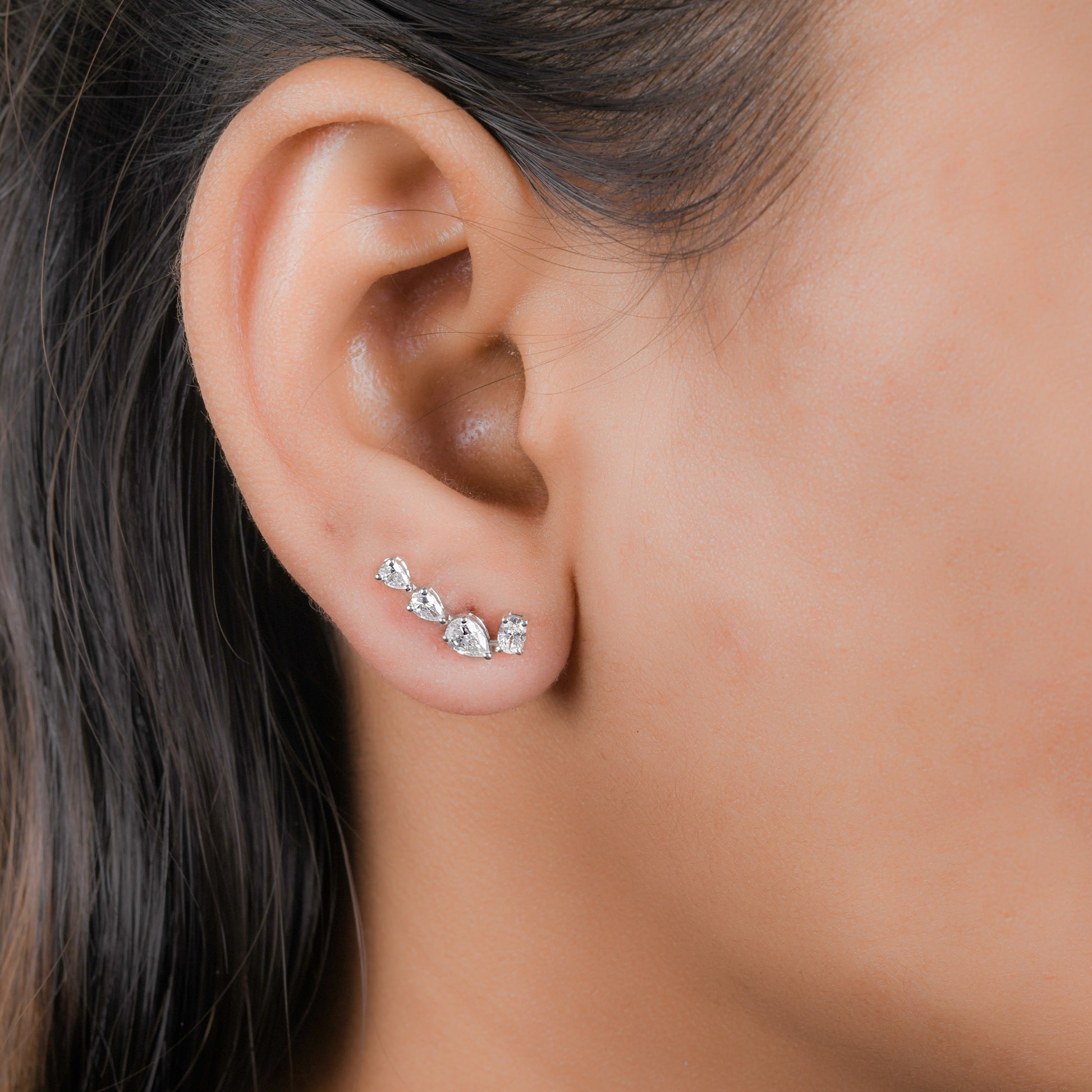 Natural SI/HI Oval Pear Cut Diamond Climber Fine Gold Earrings