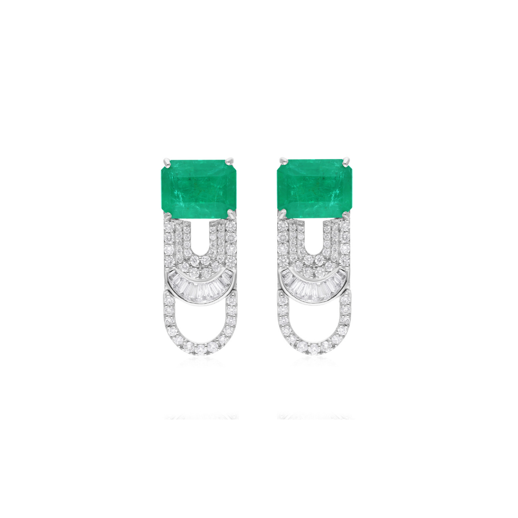 8.52Ct Zambian Emerald Diamond Safety Pin Stud Earrings In Solid Gold