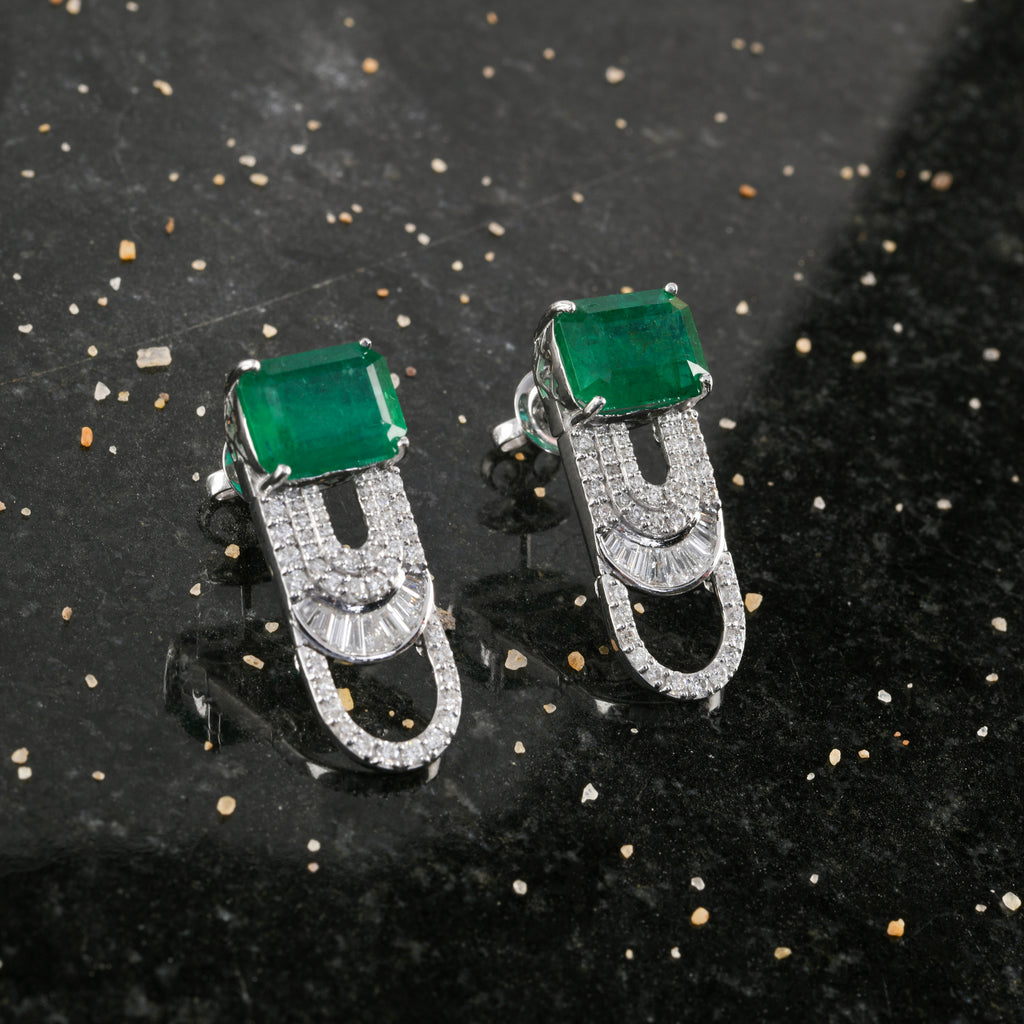 8.52Ct Zambian Emerald Diamond Safety Pin Stud Earrings In Solid Gold