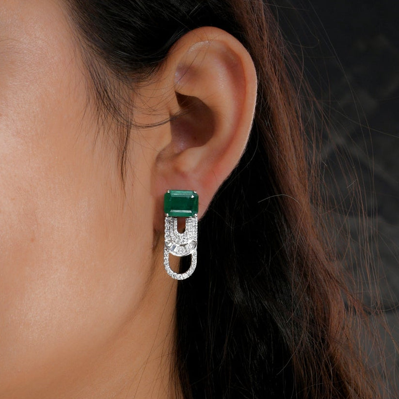 8.52Ct Zambian Emerald Diamond Safety Pin Stud Earrings In Solid Gold