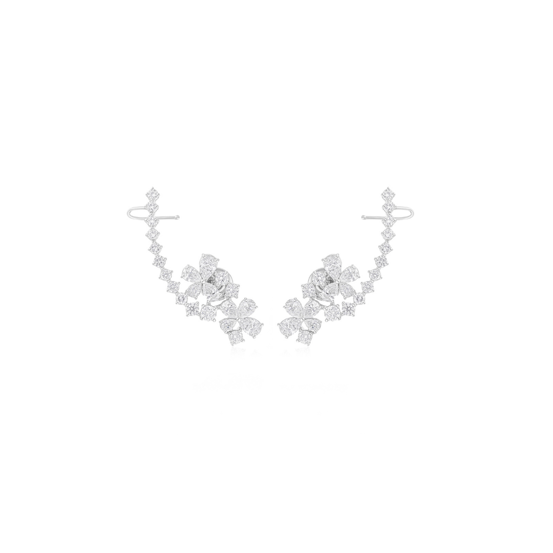 4.72 Ct Natural HI/SI Pear Round Cut Flower Diamond Climber Gold Earrings