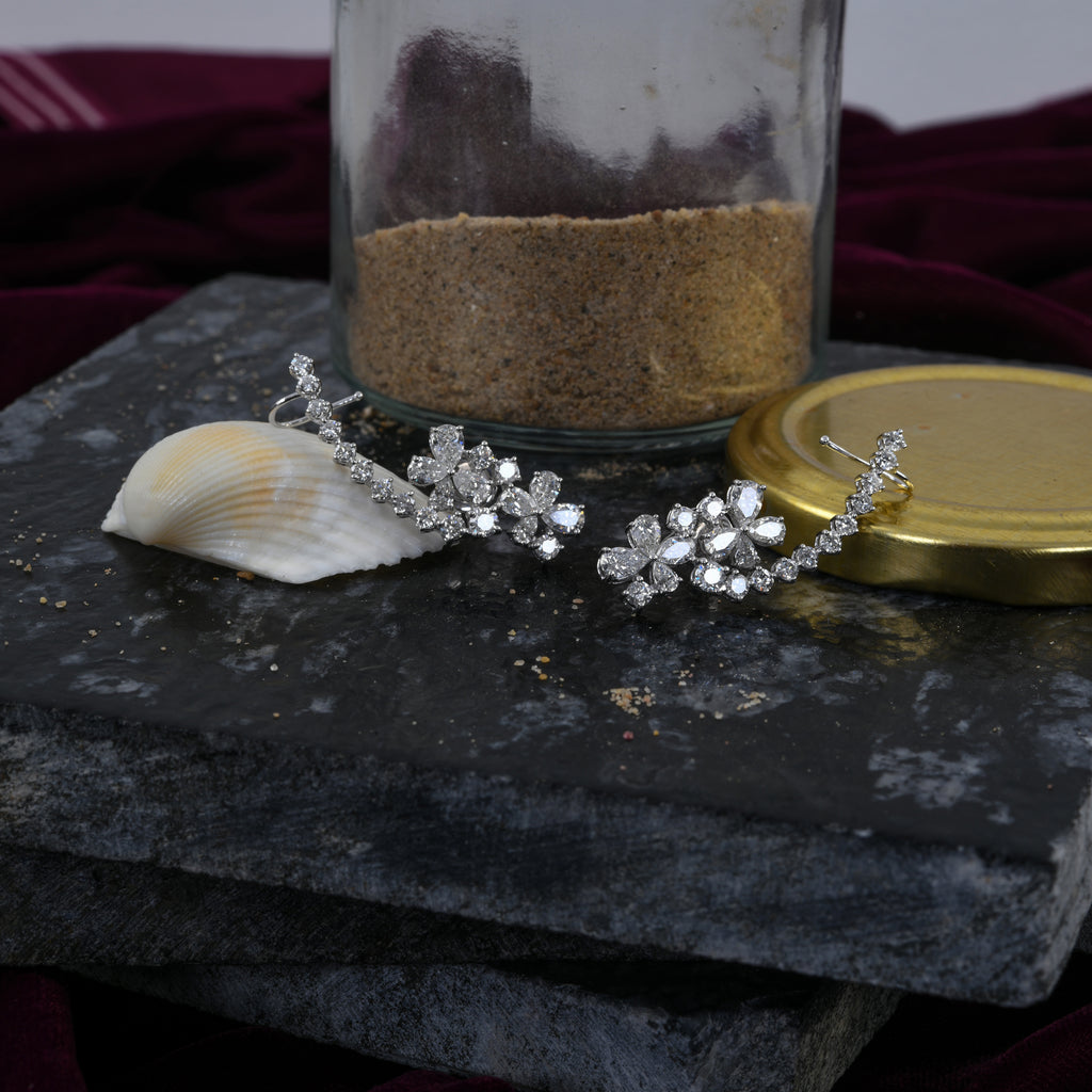 4.72 Ct Natural HI/SI Pear Round Cut Flower Diamond Climber Gold Earrings