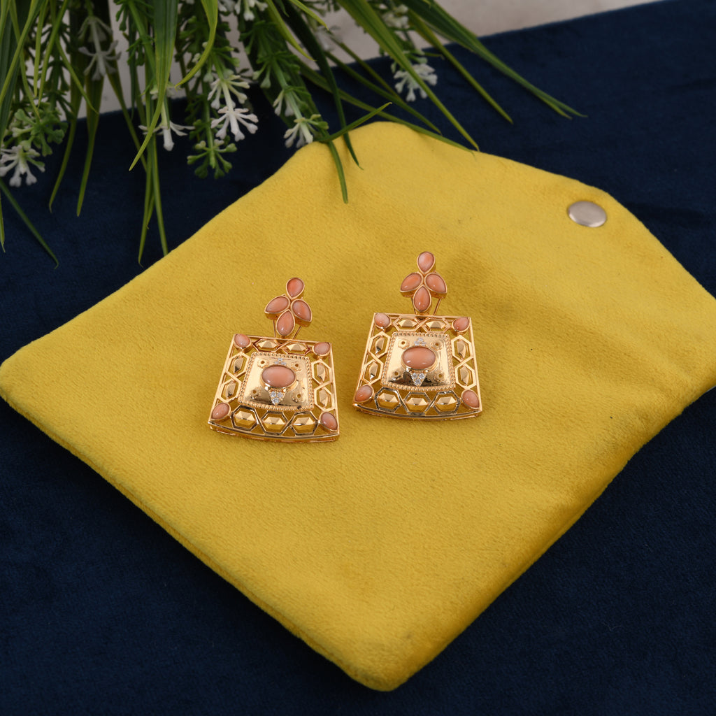 Art Deco 5.42Tcw Coral Gemstone Dangle Earrings In Solid Gold