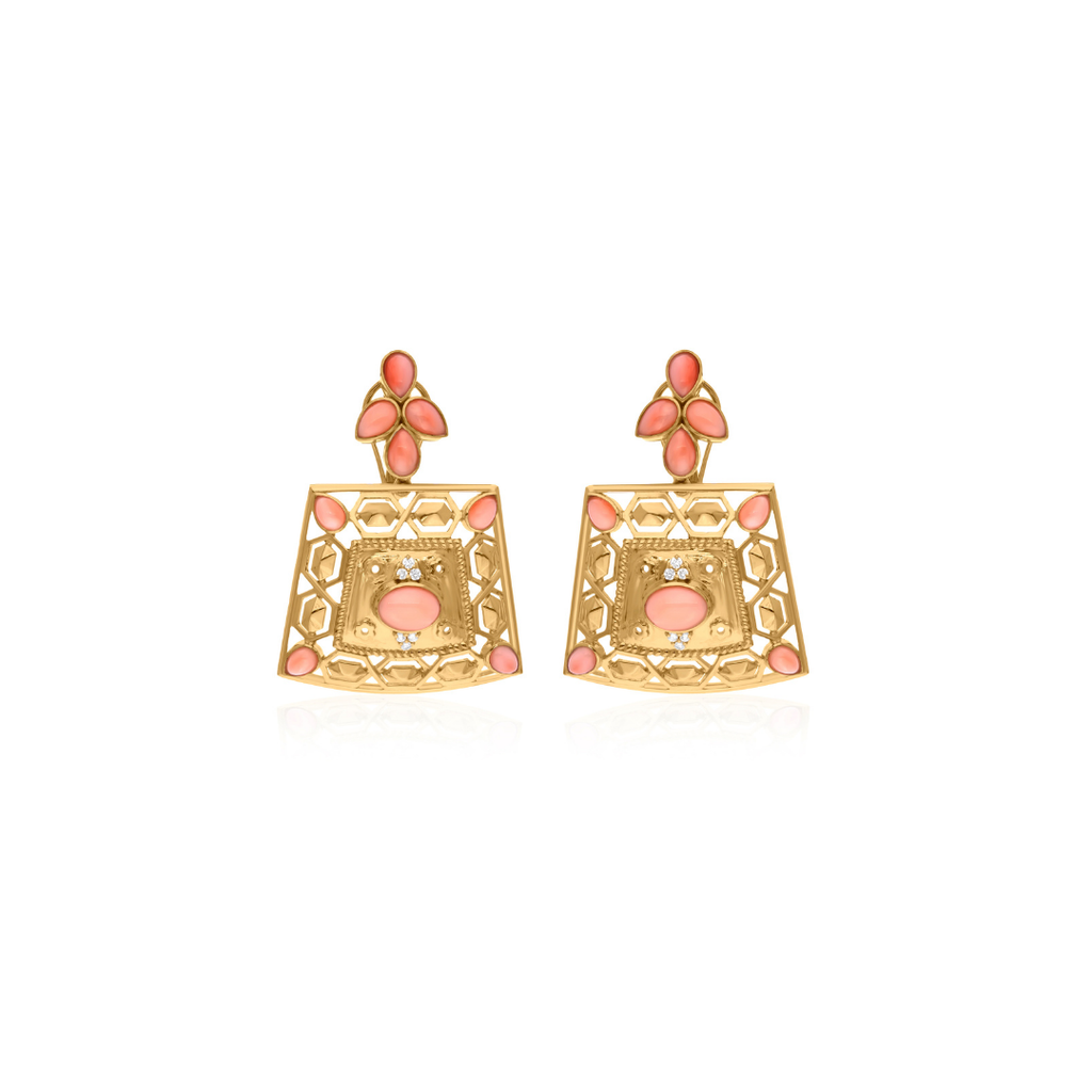 Art Deco 5.42Tcw Coral Gemstone Dangle Earrings In Solid Gold