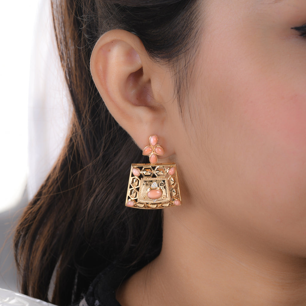 Art Deco 5.42Tcw Coral Gemstone Dangle Earrings In Solid Gold