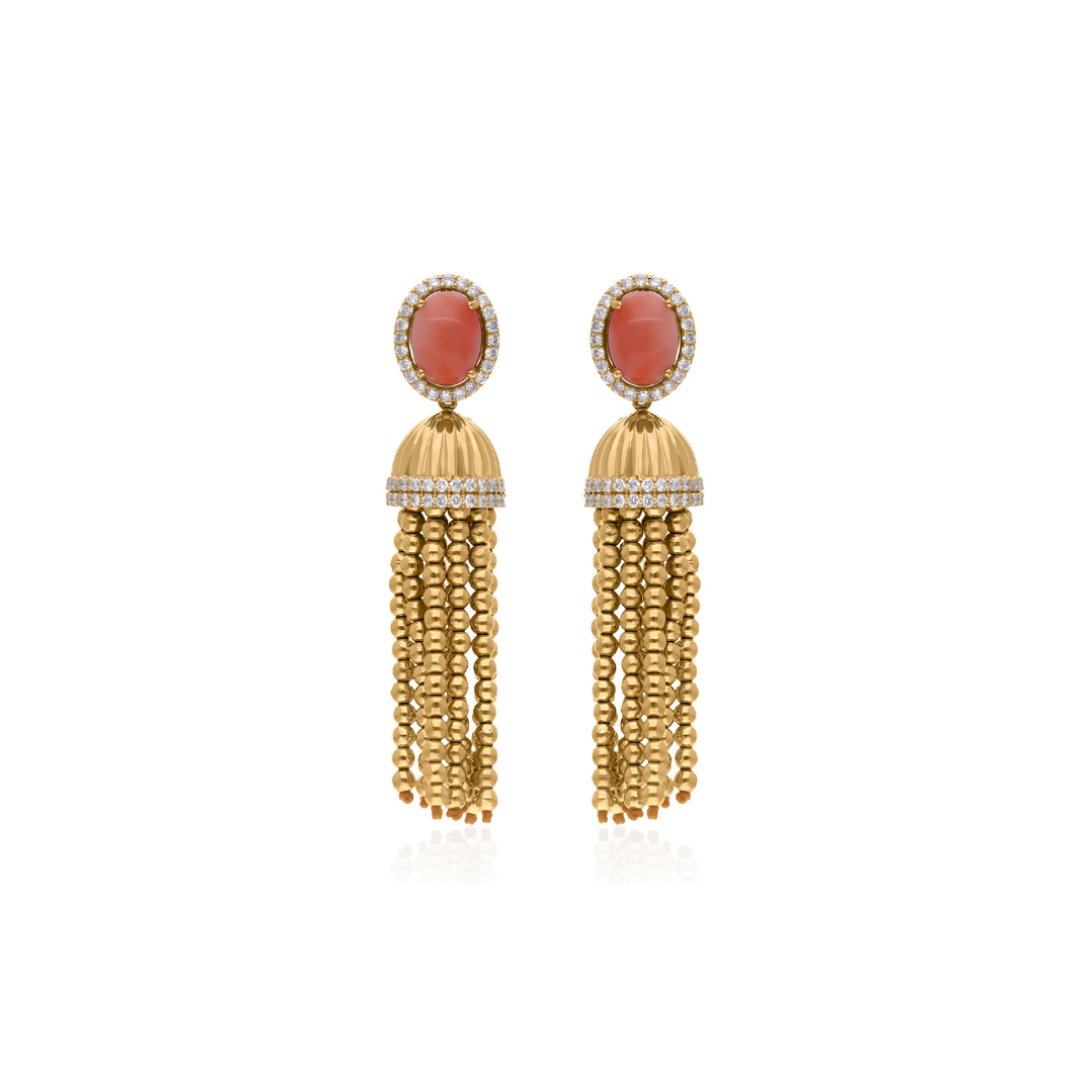 Oval Cut 3.44Tcw Coral Gemstone Tassels Dangle Earrings In Fine Gold