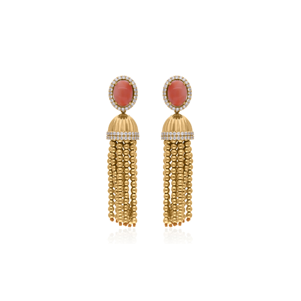 Oval Cut 3.44Tcw Coral Gemstone Tassels Dangle Earrings In Fine Gold