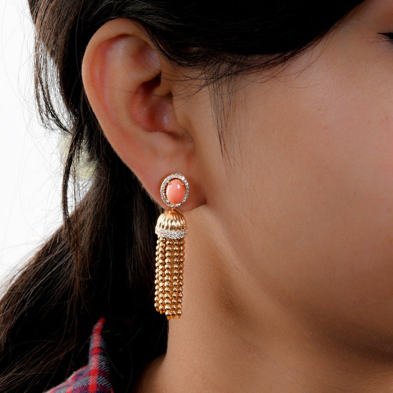 Oval Cut 3.44Tcw Coral Gemstone Tassels Dangle Earrings In Fine Gold