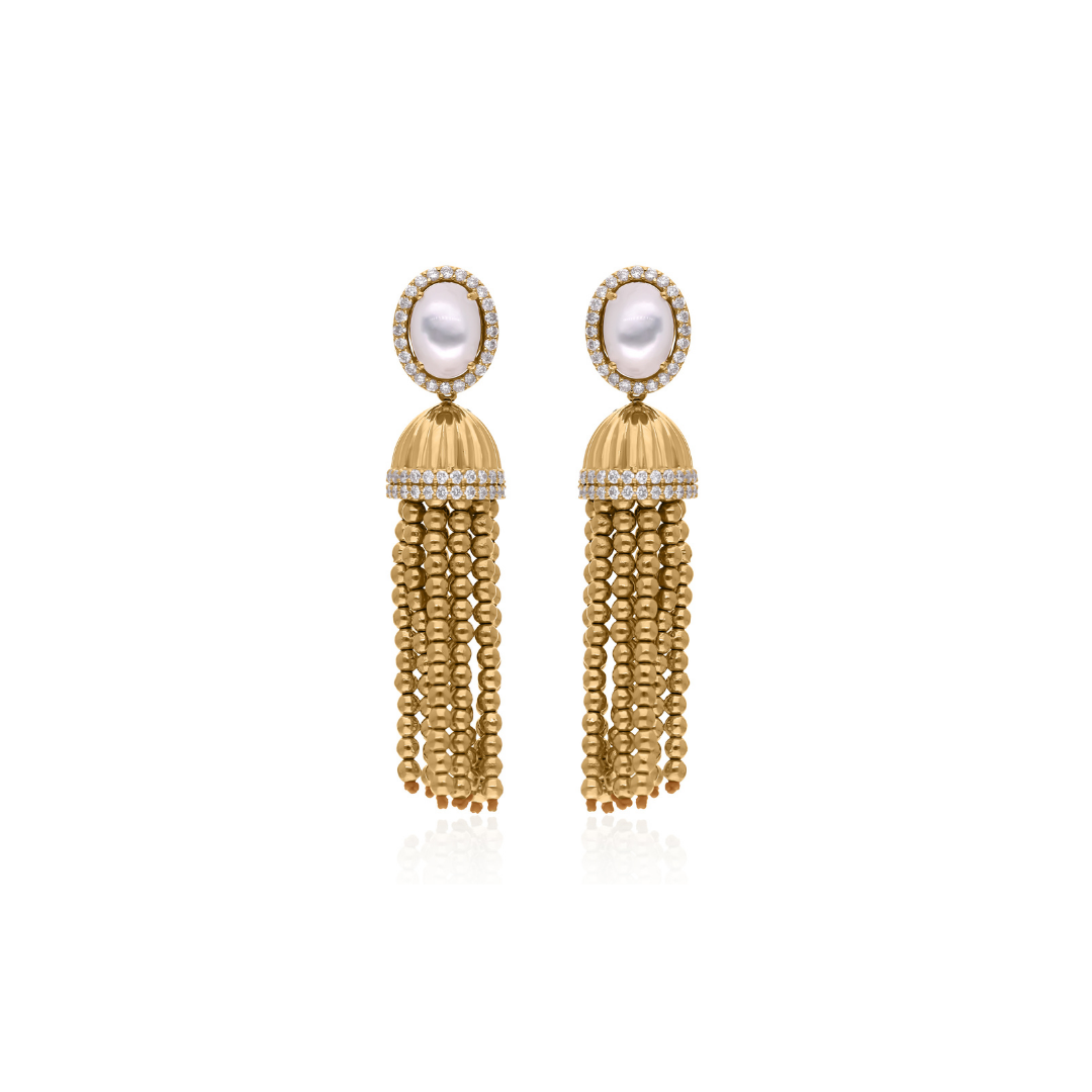 4.35Tcw Pearl Gemstone Diamond Tassels Earrings in Solid Gold