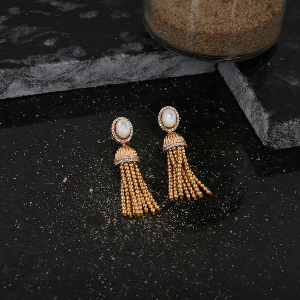 4.35Tcw Pearl Gemstone Diamond Tassels Earrings in Solid Gold