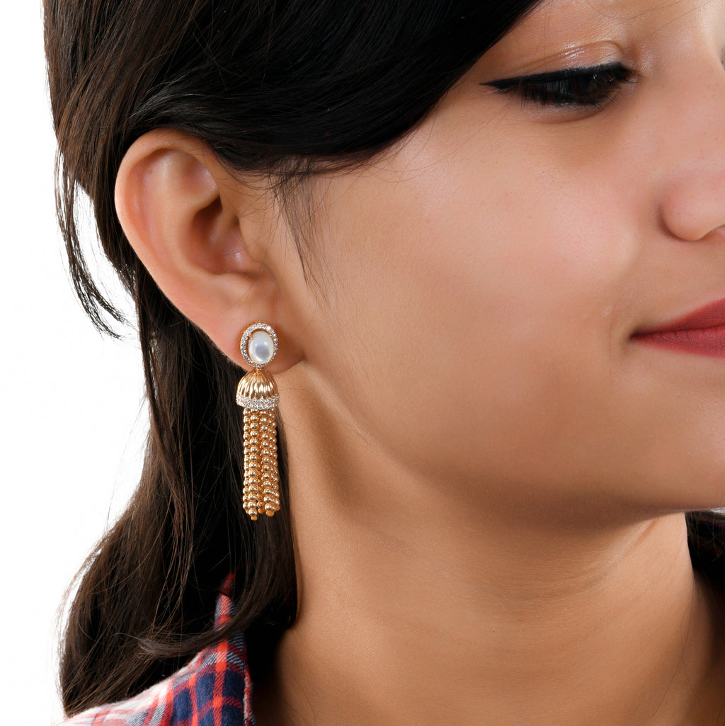 4.35Tcw Pearl Gemstone Diamond Tassels Earrings in Solid Gold