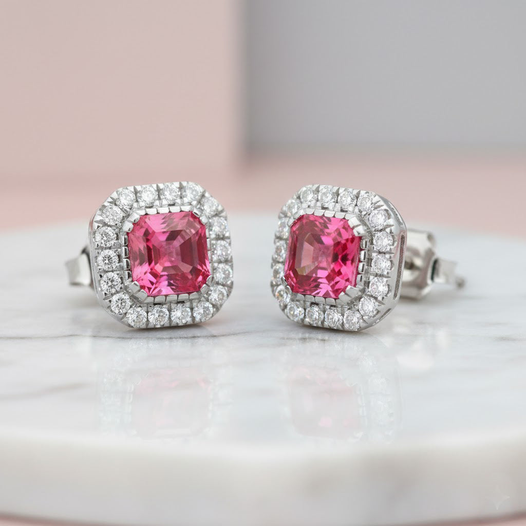 3.74 tcw Minimalist Pink Tourmaline Diamond Stud Earrings in Solid Gold