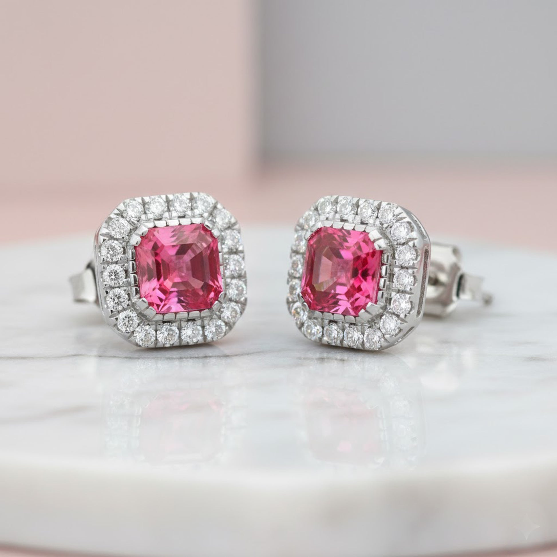 3.74 tcw Minimalist Pink Tourmaline Diamond Stud Earrings in Solid Gold