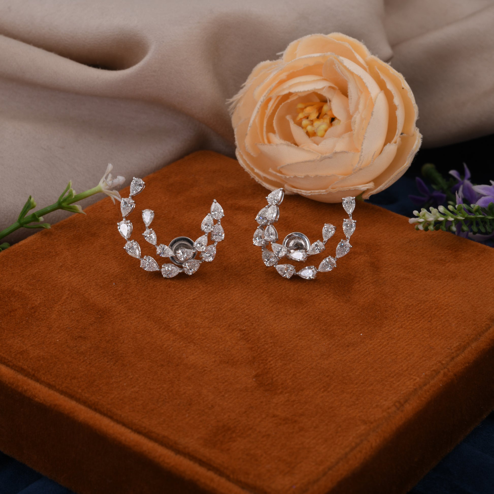 4.35Ct Pear Cut Natural Diamond Ear Climber Stud Earrings In Solid Gold