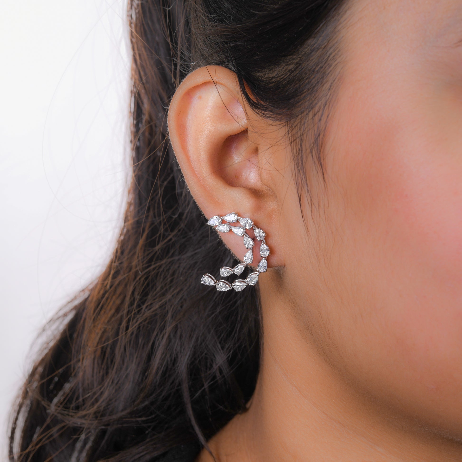 4.35Ct Pear Cut Natural Diamond Ear Climber Stud Earrings In Solid Gold