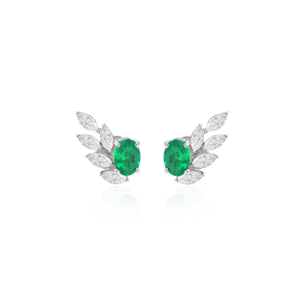 2.95Ct Oval Cut Zambian Emerald Petals Diamond Stud Earrings In Fine Gold
