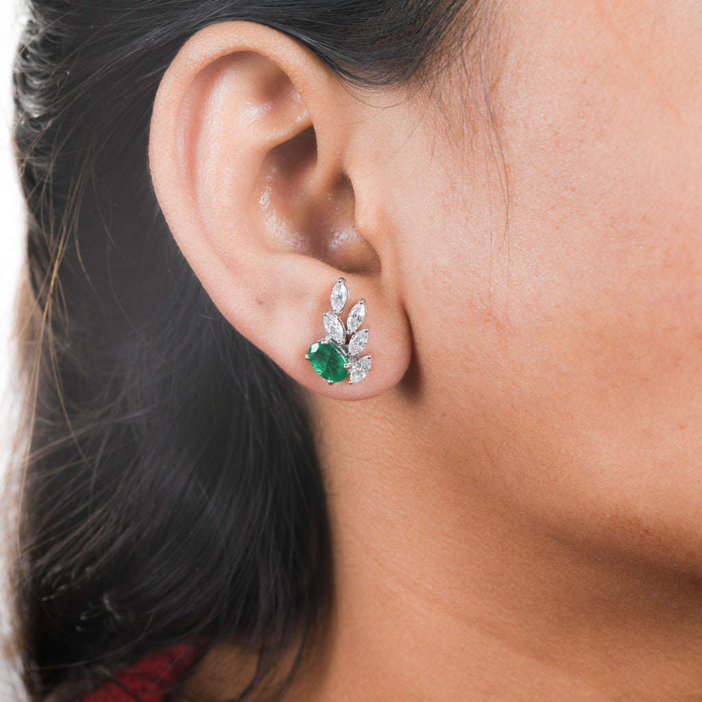 2.95Ct Oval Cut Zambian Emerald Petals Diamond Stud Earrings In Fine Gold