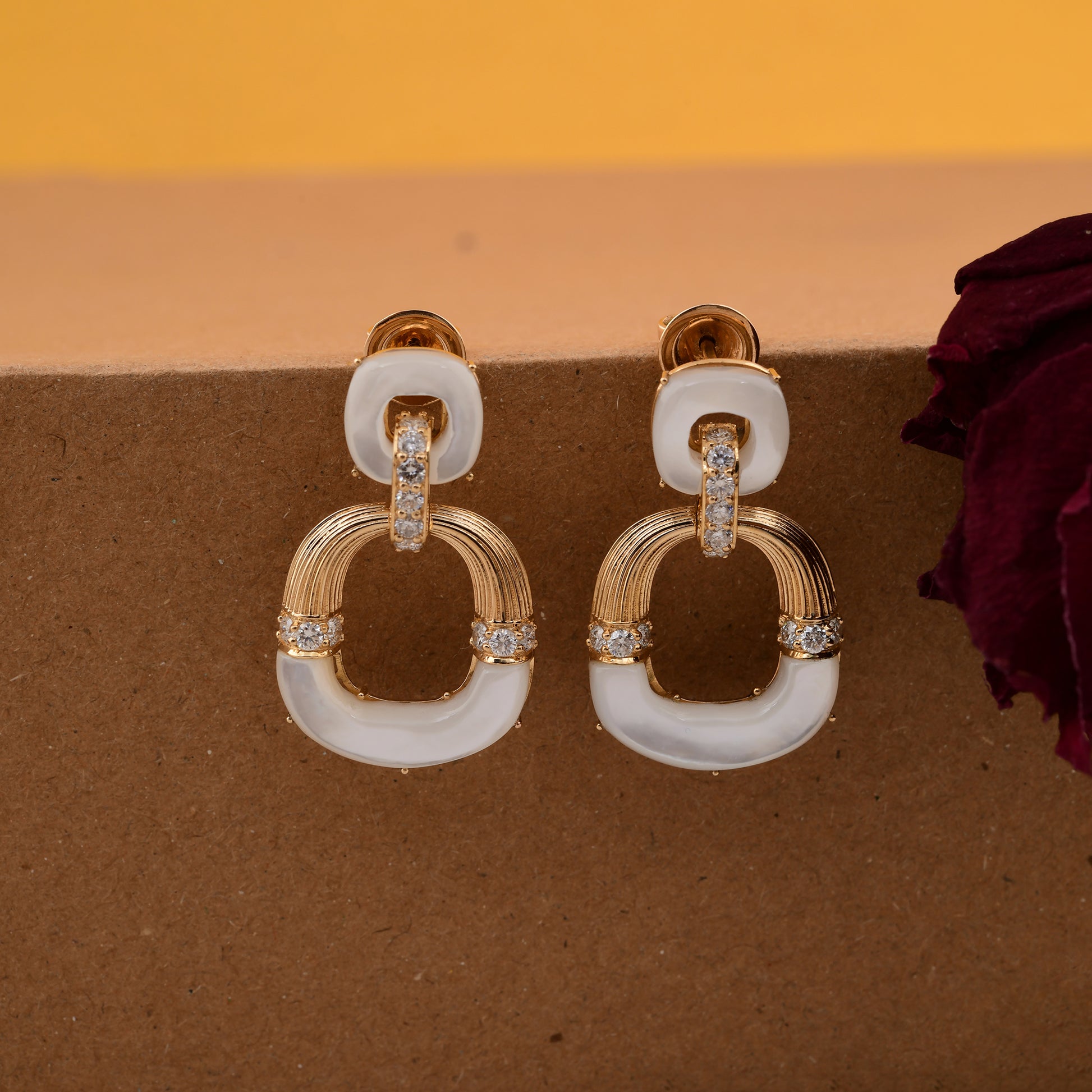 10.8Tcw Mother Of Pearl Round Cut Diamond Dangle Earrings in Solid Gold