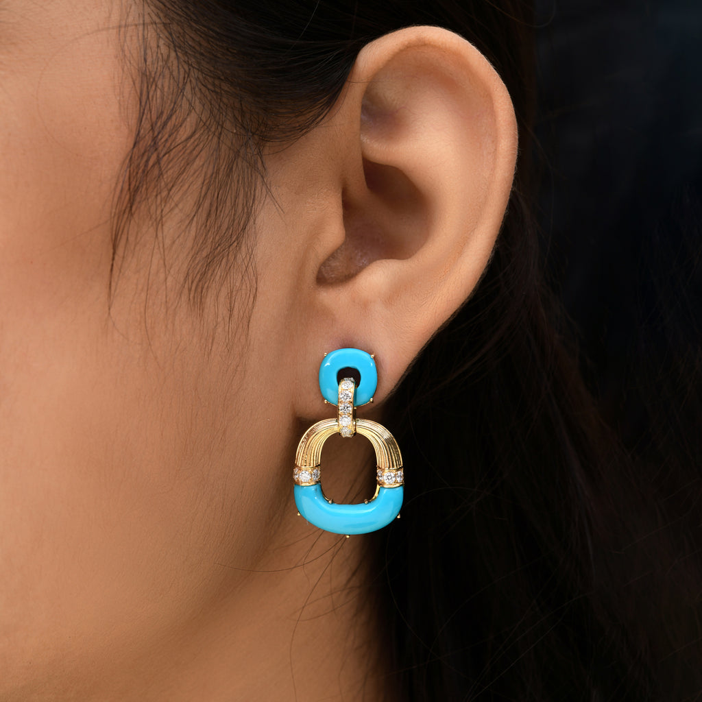 9.43Ct Arizona Turquoise Natural Diamond Dangle Drop Earrings In Fine Gold