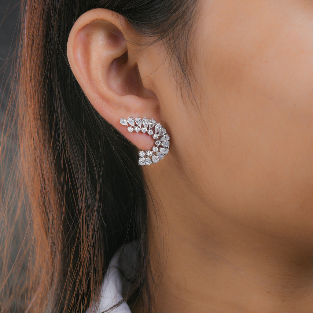 SI Clarity HI Color Pear Round Cut 3.45 Carat Diamond Ear Climber Gold Earrings