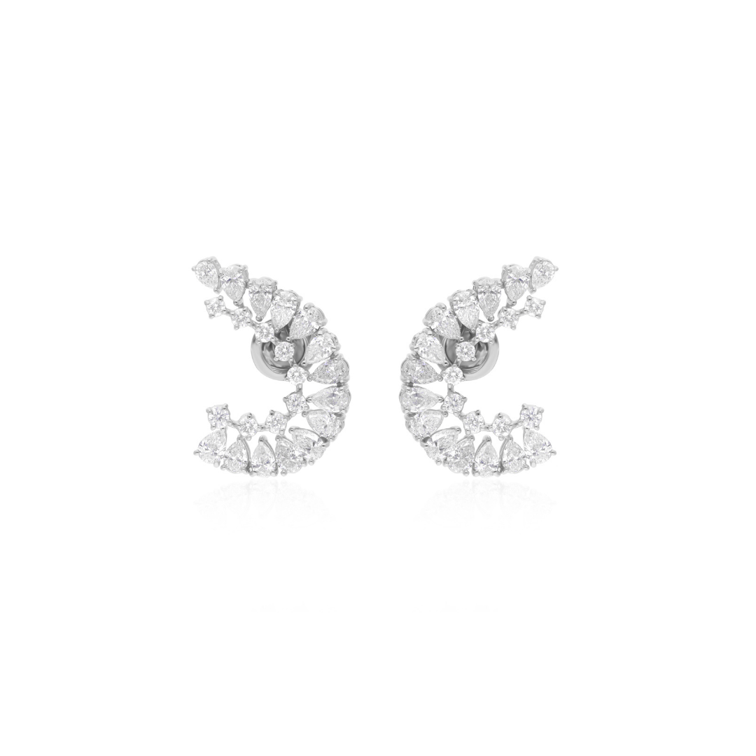 SI Clarity HI Color Pear Round Cut 3.45 Carat Diamond Ear Climber Gold Earrings