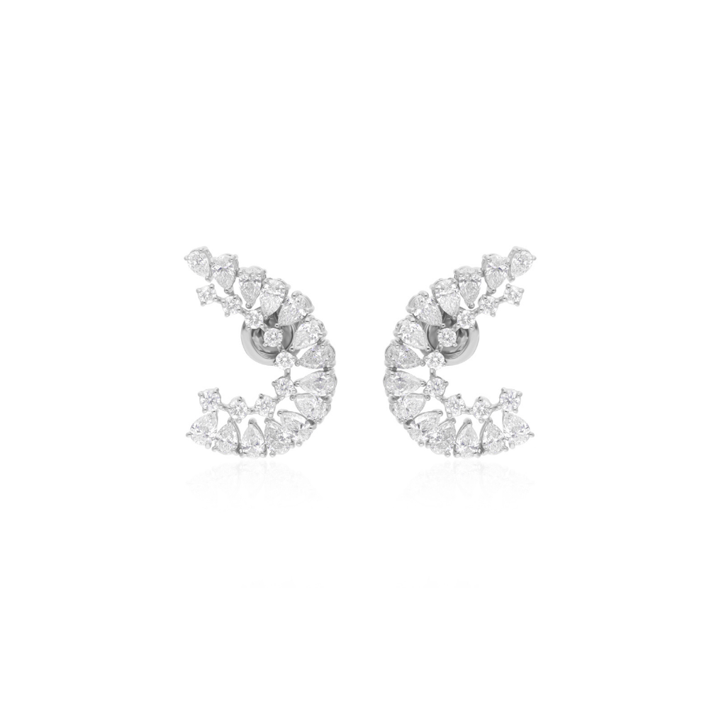 SI Clarity HI Color Pear Round Cut 3.45 Carat Diamond Ear Climber Gold Earrings