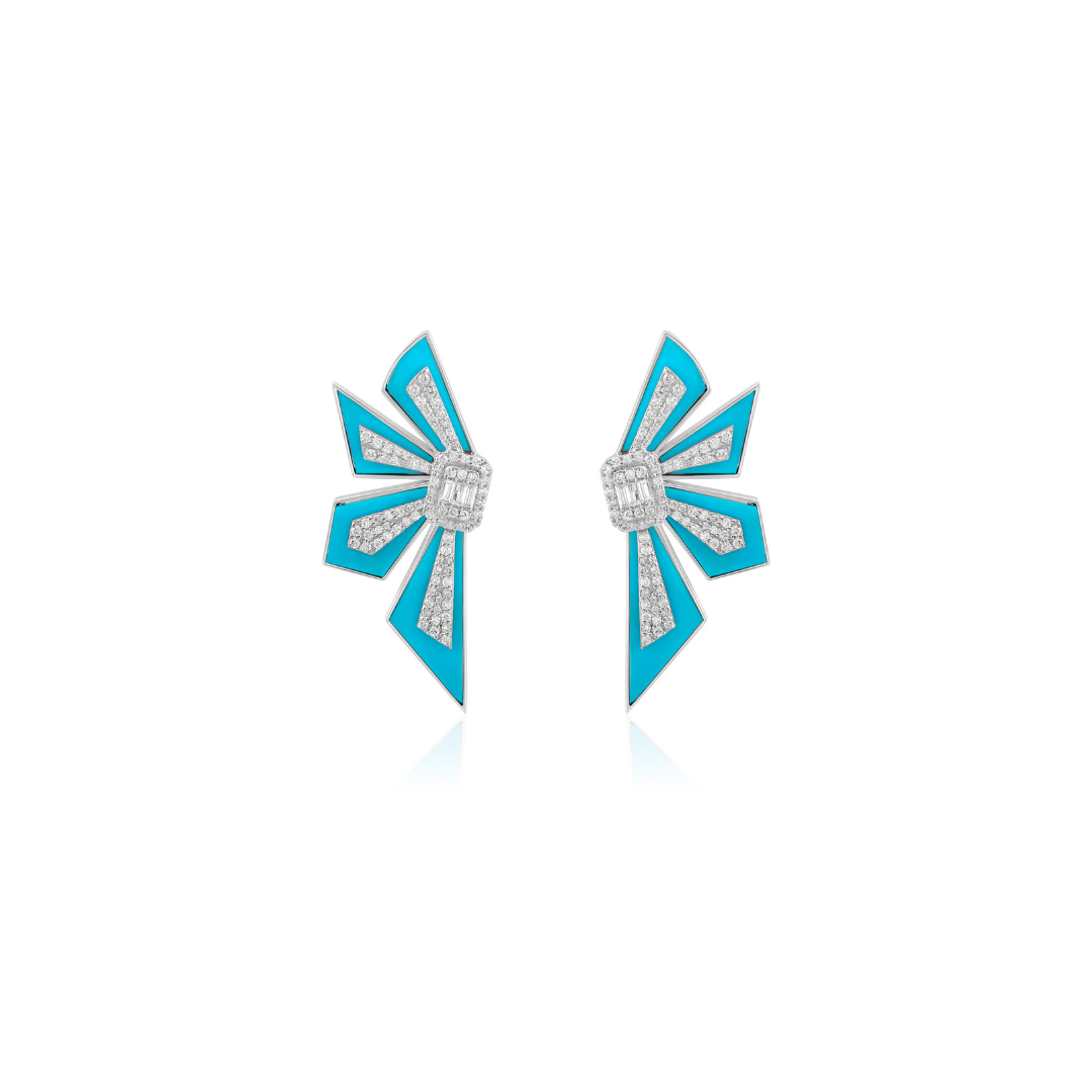 Art Deco Fan Design Turquoise Gemstone and Diamond Fine Gold Earrings