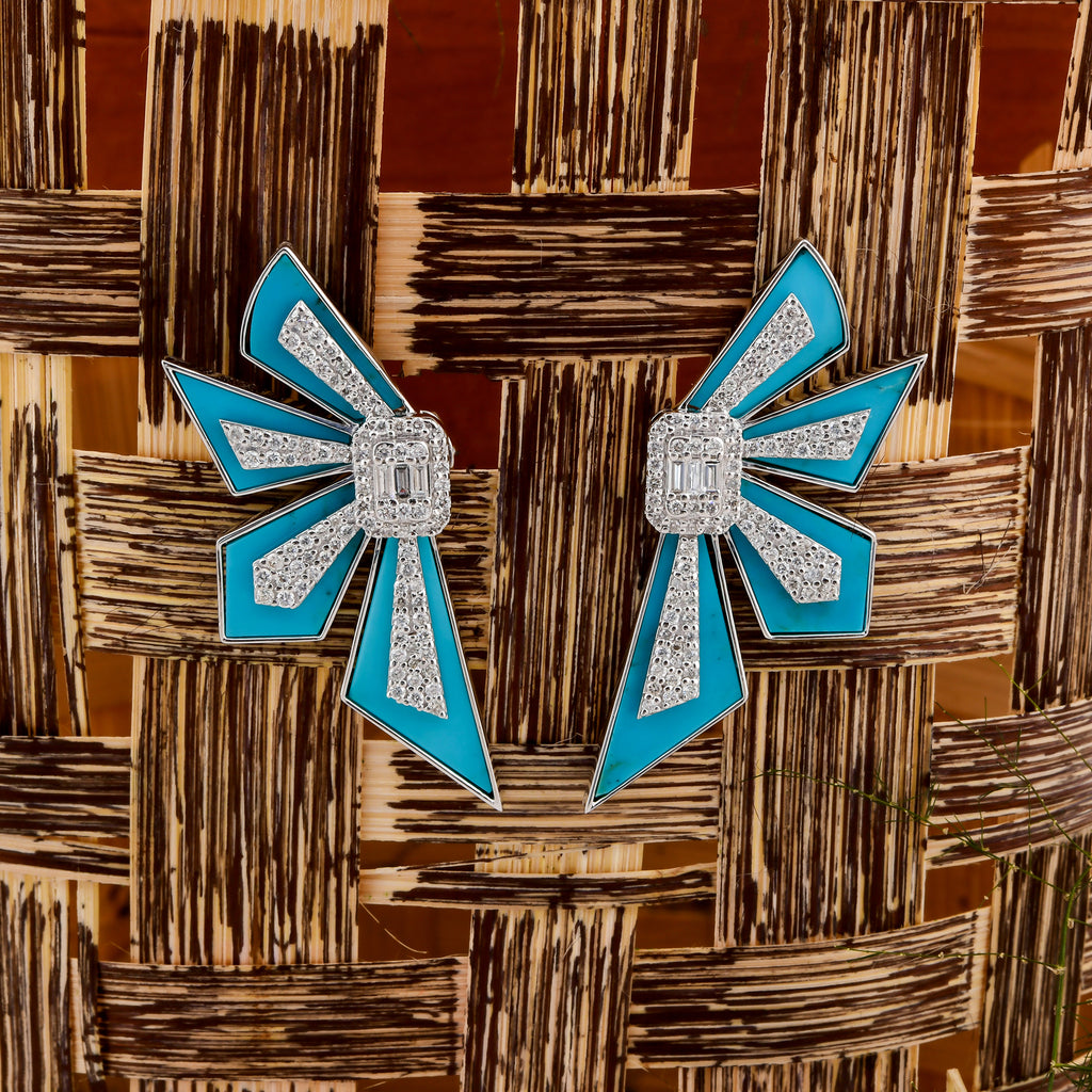 Art Deco Fan Design Turquoise Gemstone and Diamond Fine Gold Earrings