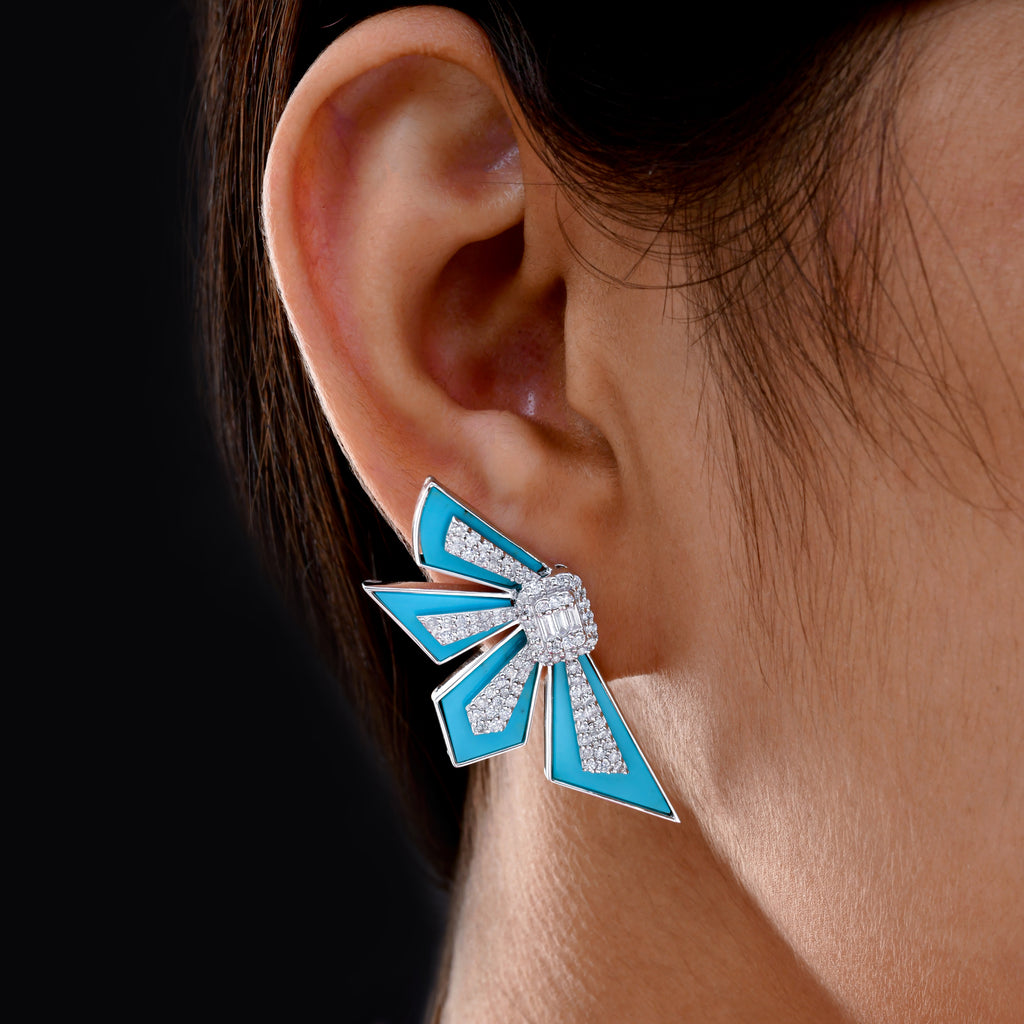 Art Deco Fan Design Turquoise Gemstone and Diamond Fine Gold Earrings