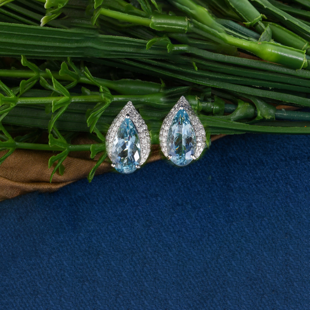 4.06Tcw Pear Shape Aquamarine Gemstone Diamond Halo Stud Earrings