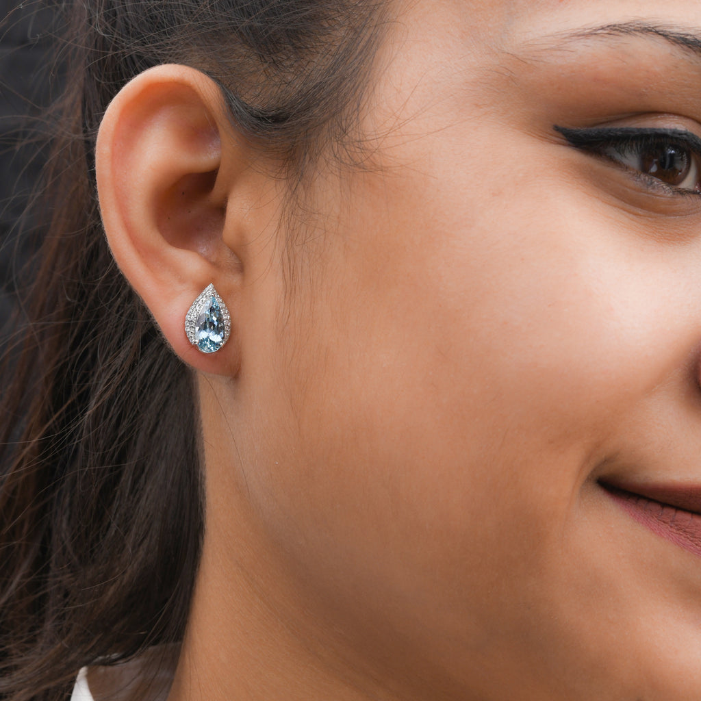 4.06Tcw Pear Shape Aquamarine Gemstone Diamond Halo Stud Earrings