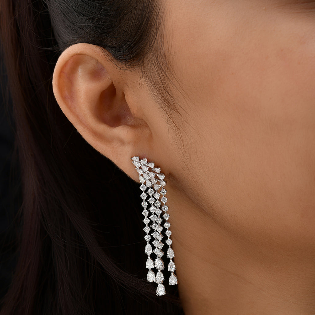 Certified 8.42Ct Long Natural Diamond Mixed Cut Dangle Drop Earrings In Solid Gold