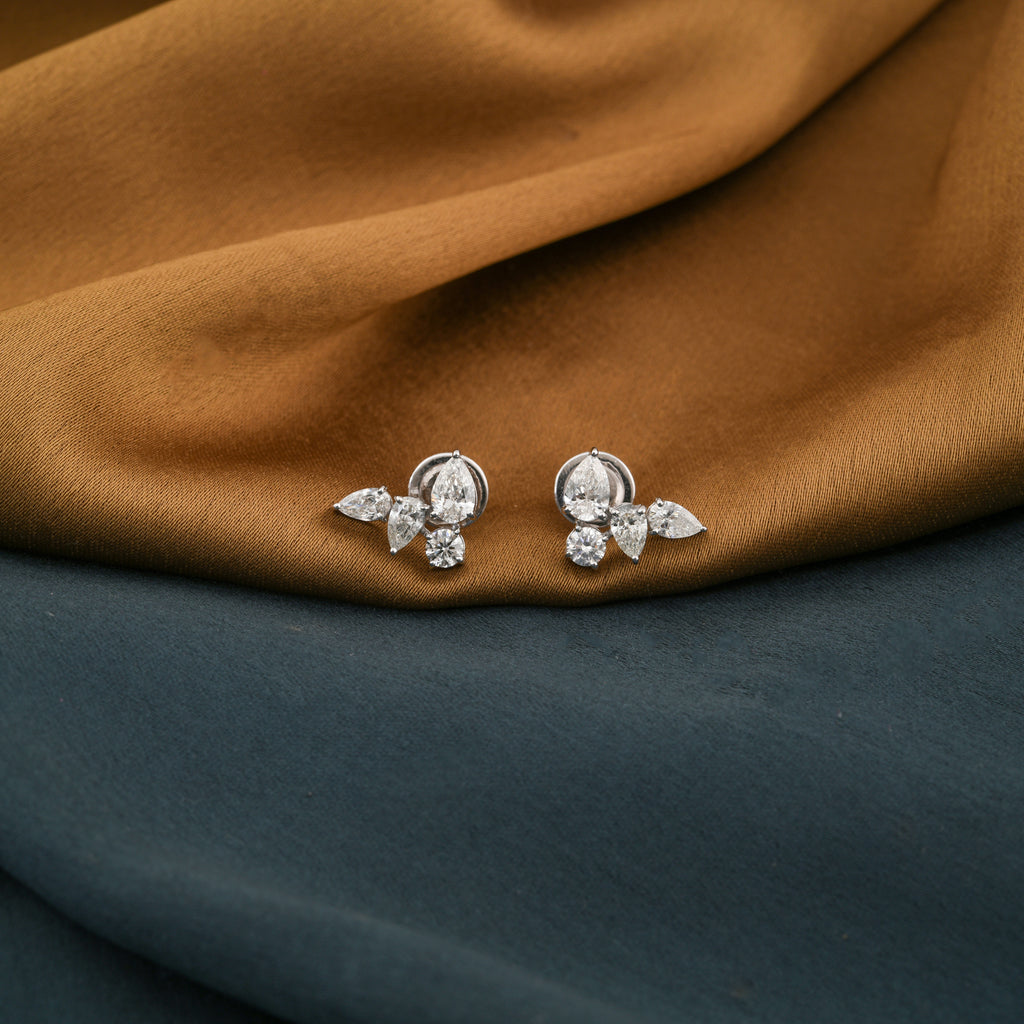 Pear & Round Brilliant Cut Natural Diamond Gold Stud Earrings