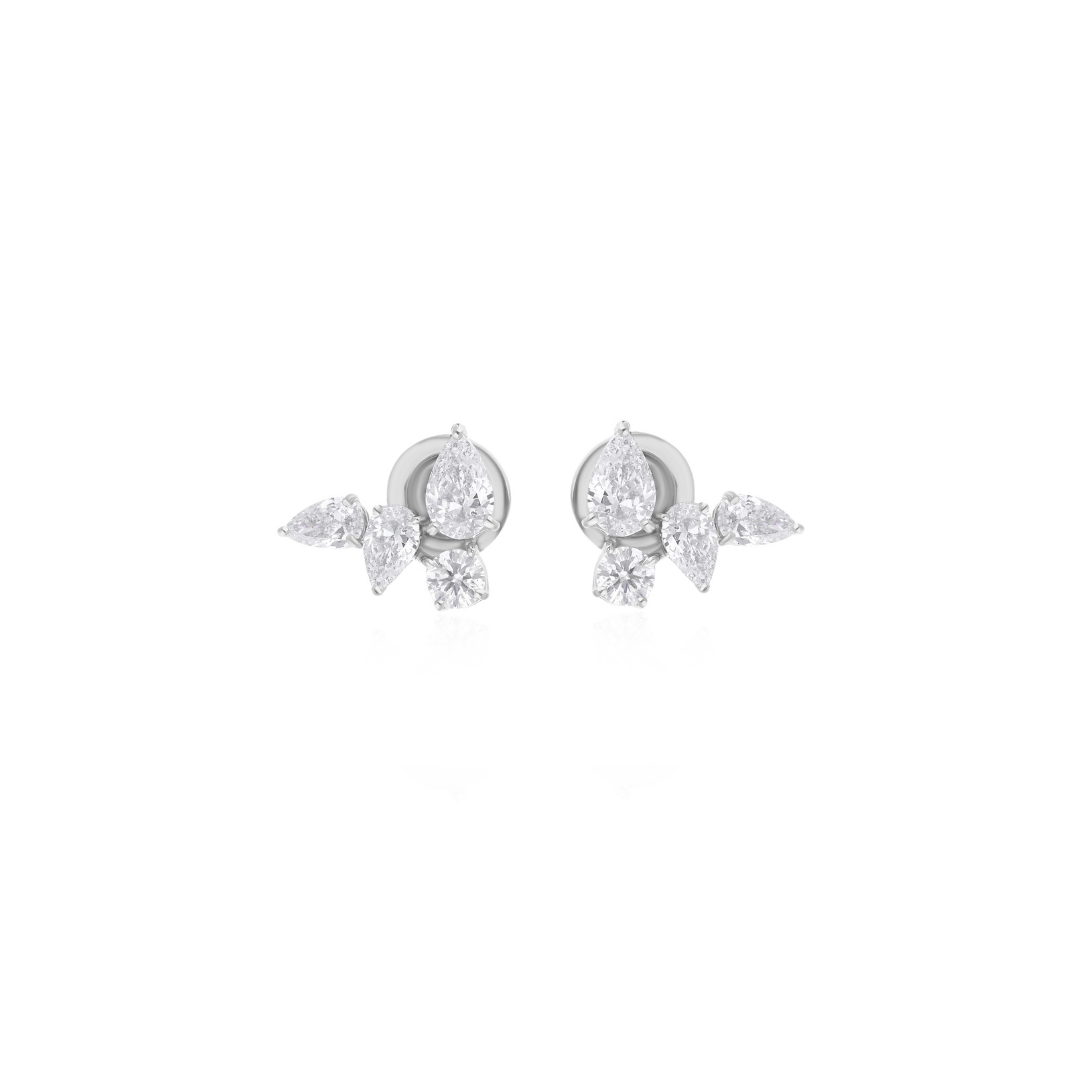 Pear & Round Brilliant Cut Natural Diamond Gold Stud Earrings