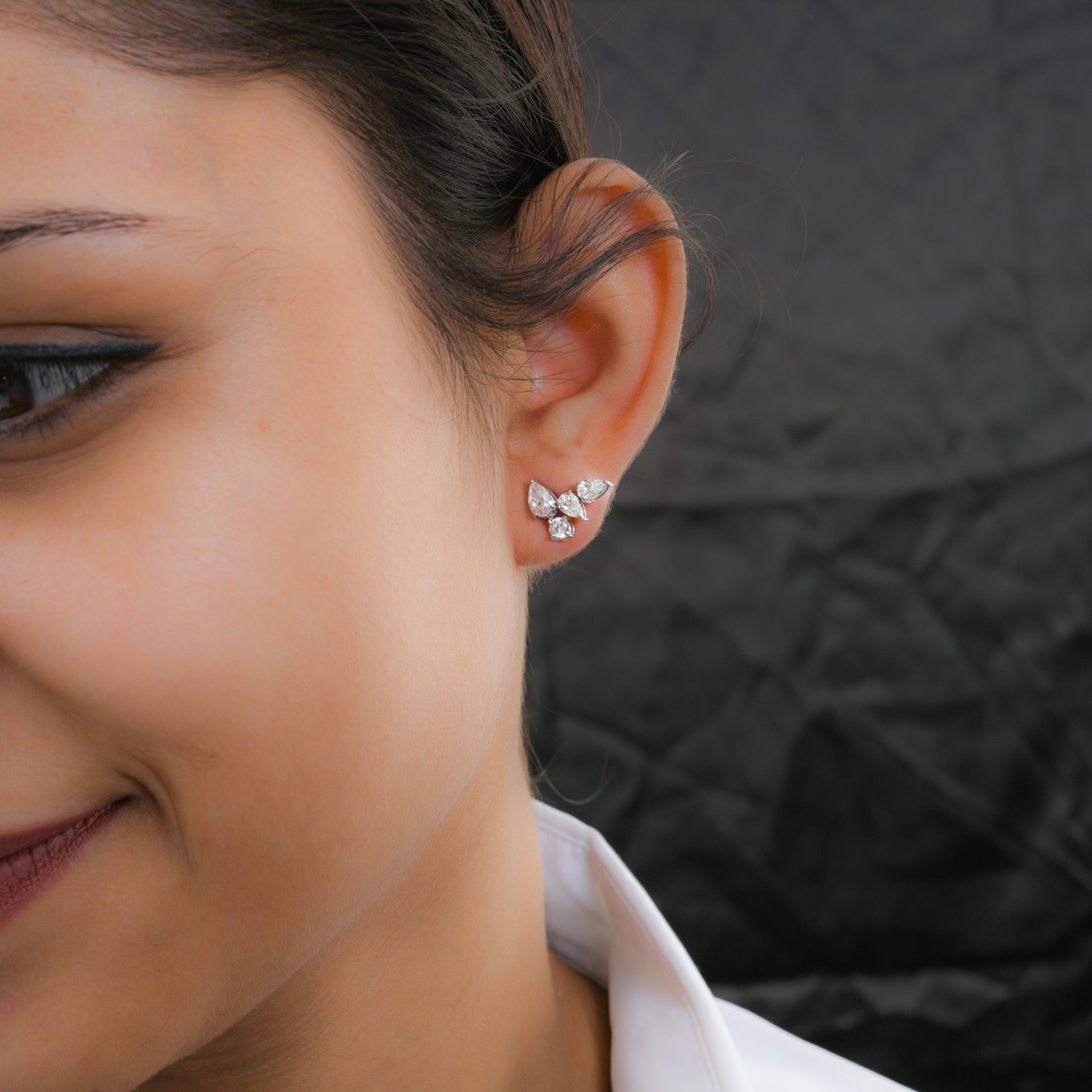 Pear & Round Brilliant Cut Natural Diamond Gold Stud Earrings