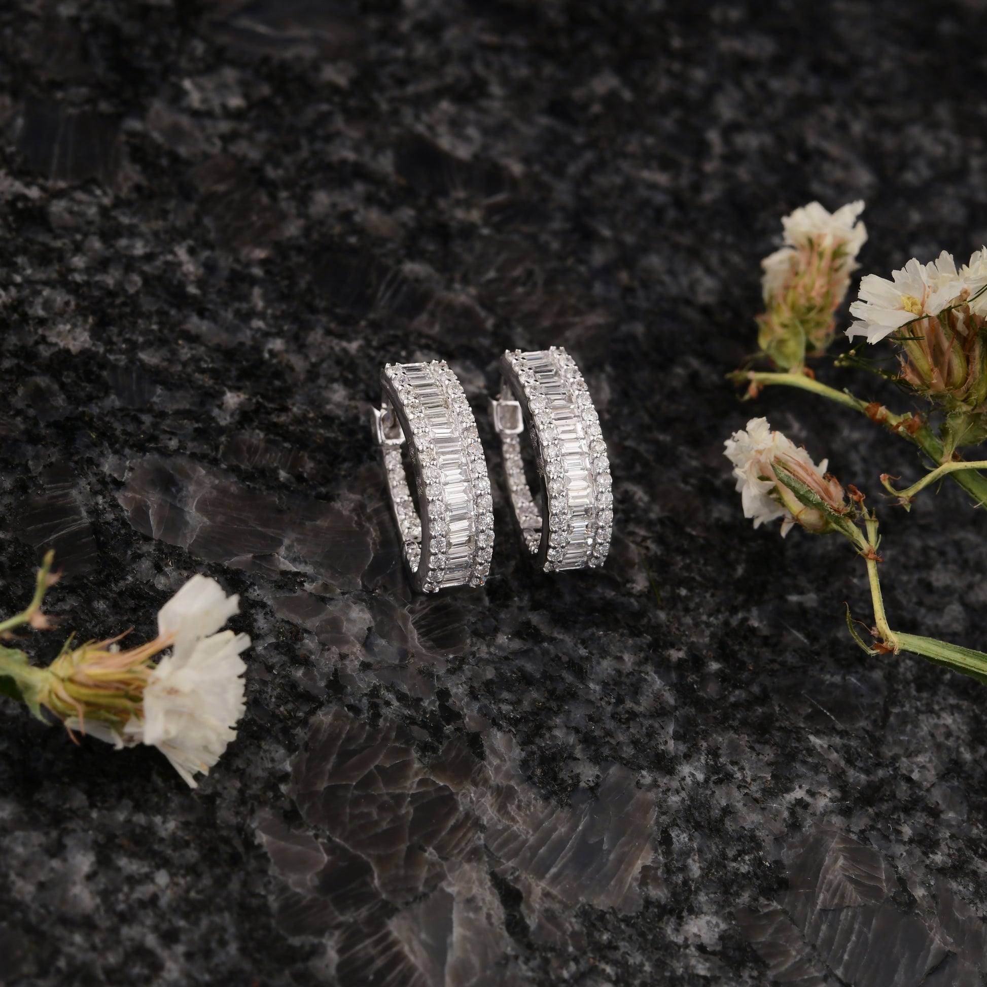 SI Clarity HI Color Baguette Diamond Fine Gold Hoop Huggie Earrings