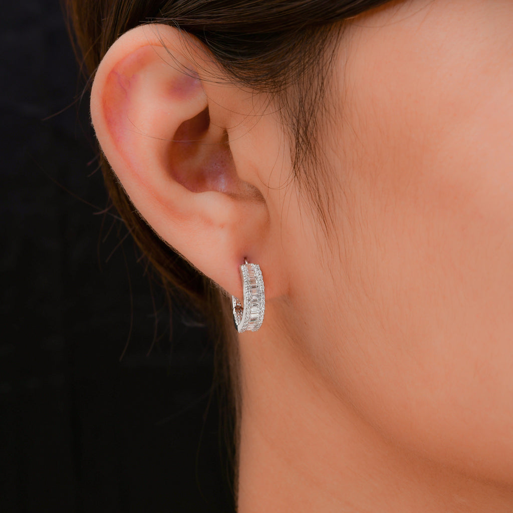 SI Clarity HI Color Baguette Diamond Fine Gold Hoop Huggie Earrings