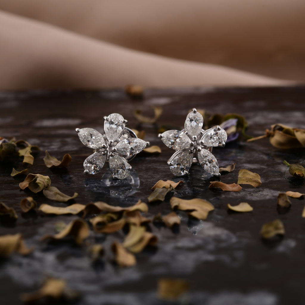 Floral 2.11Ct Pear & Marquise Cut Diamond Fine Gold Studs Earrings
