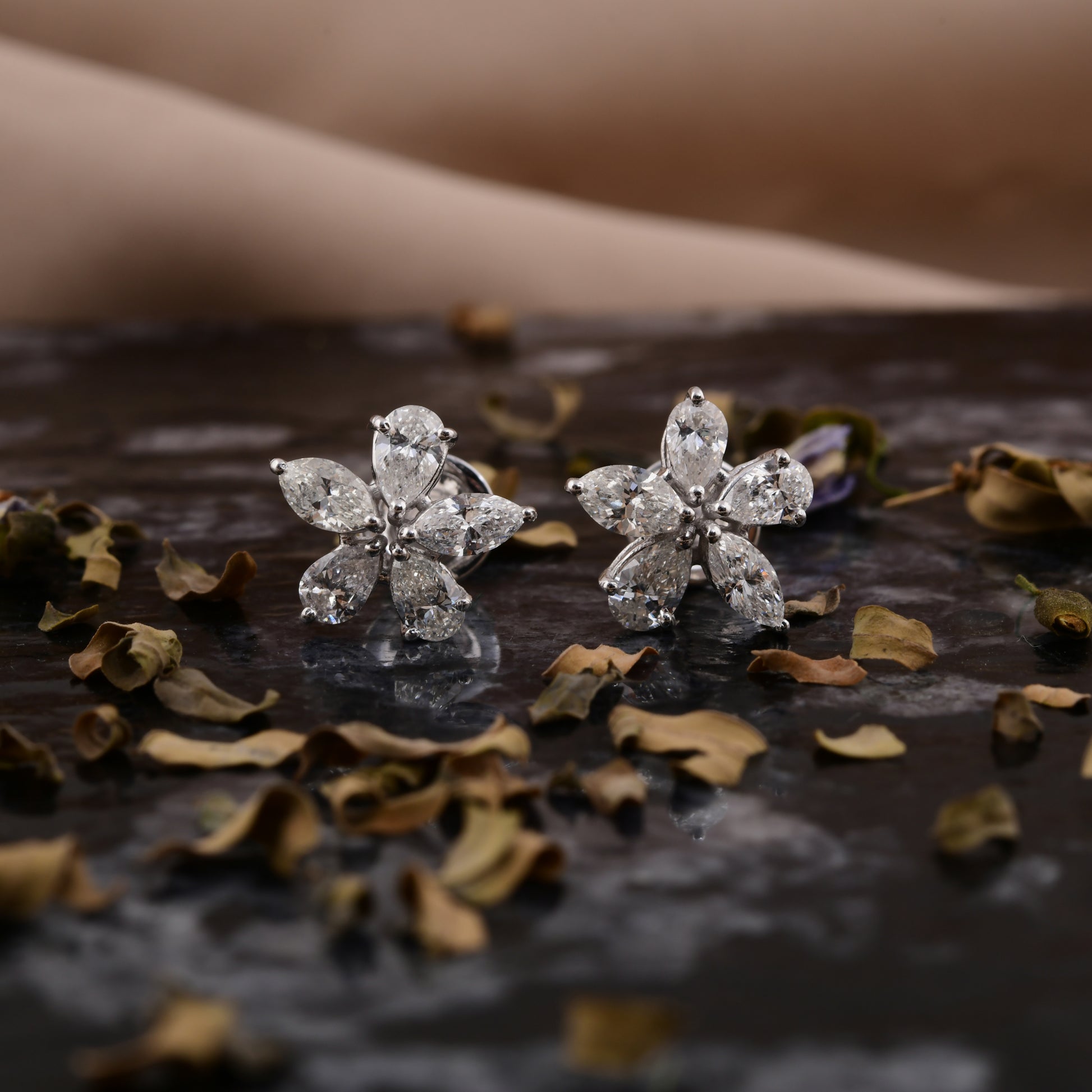 Floral 2.11Ct Pear & Marquise Cut Diamond Fine Gold Studs Earrings