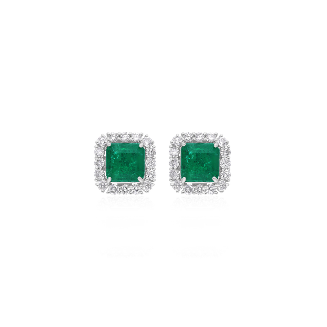 4.82 Tcw SI/HI Round Diamond Zambian Emerald Halo Stud Earrings