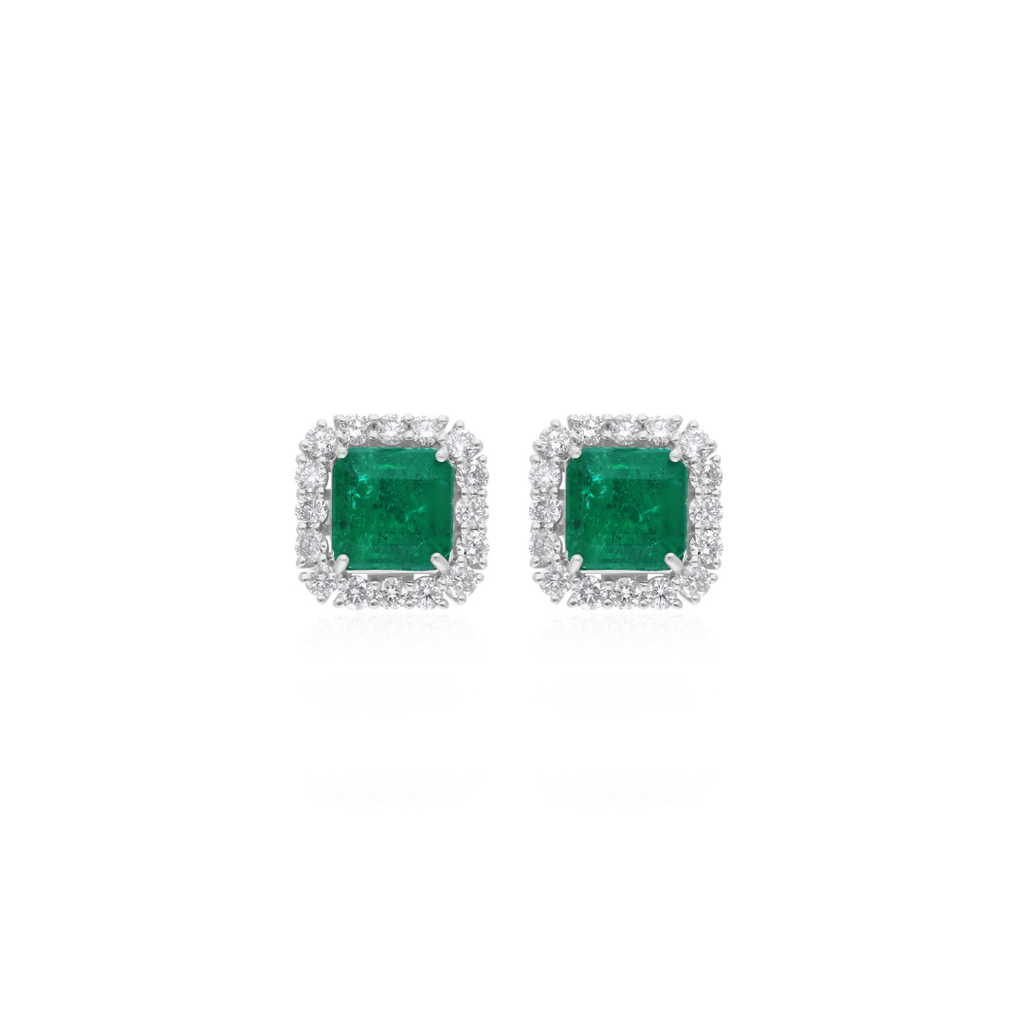 4.82 Tcw SI/HI Round Diamond Zambian Emerald Halo Stud Earrings