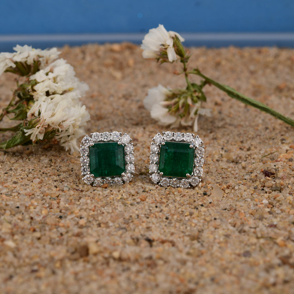 4.82 Tcw SI/HI Round Diamond Zambian Emerald Halo Stud Earrings