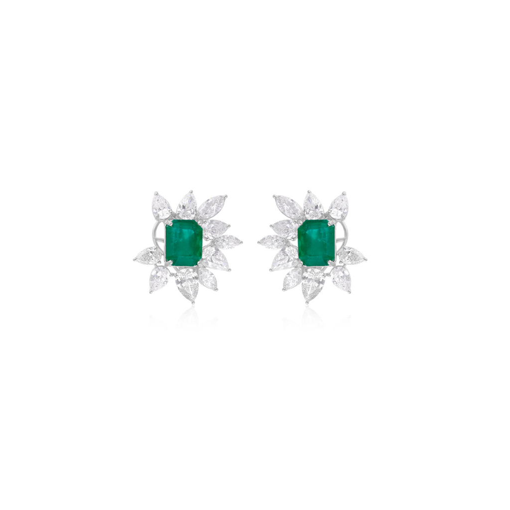 14.11 Tcw Zambian Emerald Gemstone Diamond Halo Stud Gold Earrings