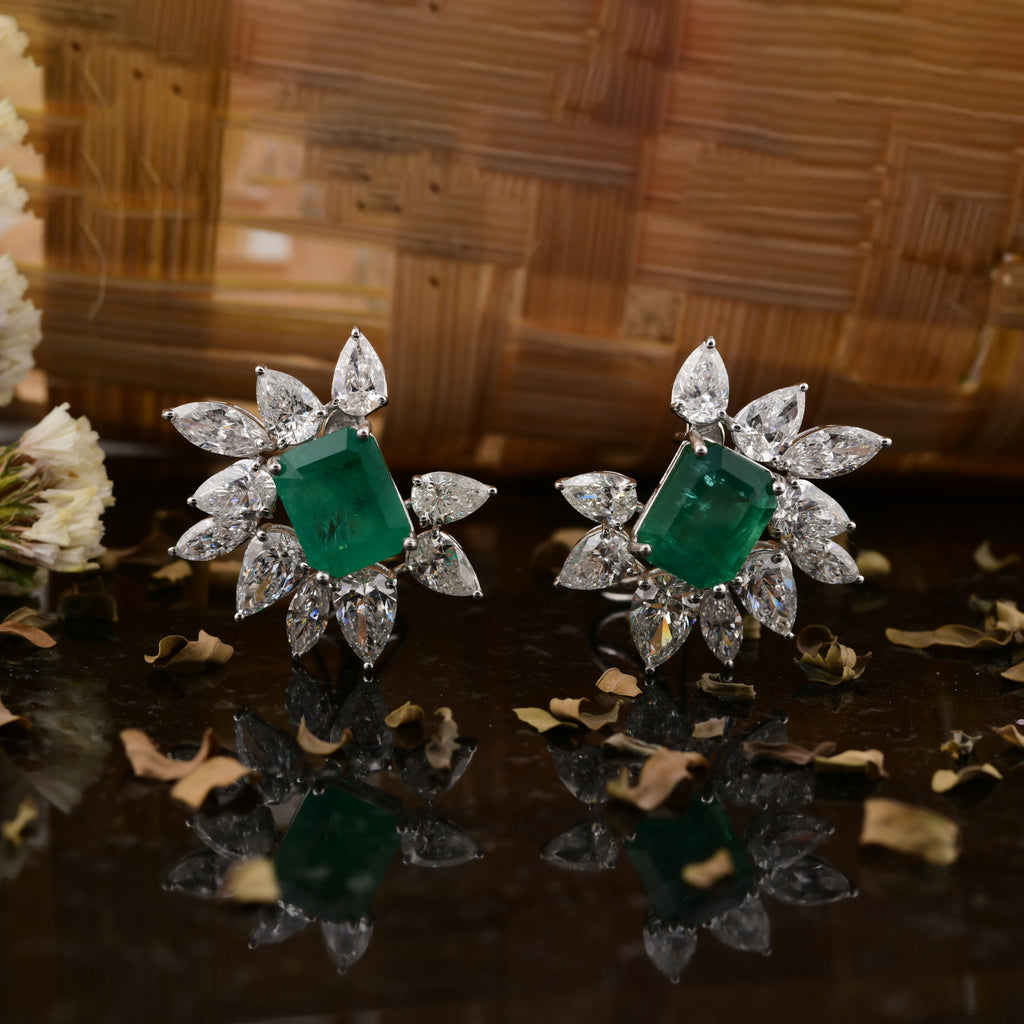 14.11 Tcw Zambian Emerald Gemstone Diamond Halo Stud Gold Earrings