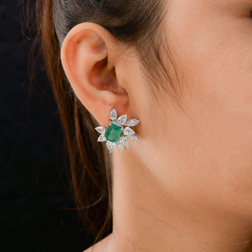 14.11 Tcw Zambian Emerald Gemstone Diamond Halo Stud Gold Earrings