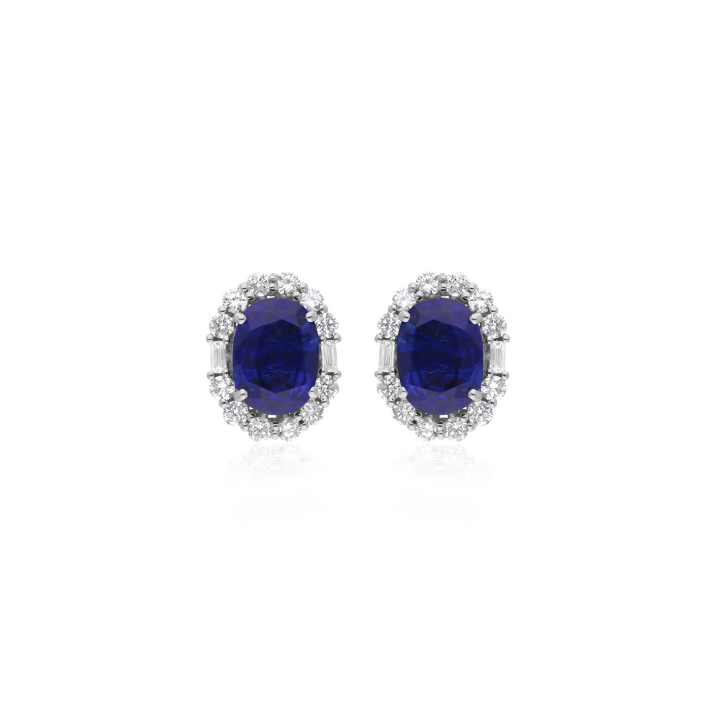 Oval Cut Blue Sapphire 5.56 Tcw SI/HI Baguette Diamond Stud Earrings